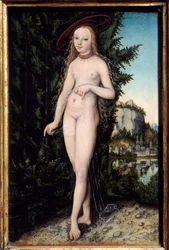 Venus Standing in a Landscape Painting by Lucas Cranach the Elder (1472-1553) 1529, Oil on Wood, Dim. 0,38x0,25 m - Vénus em pé numa paisagem. Pintura de Lucas Cranach, o Mais Velho (1472-1553)
