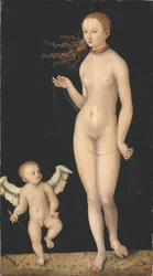 Venus et Cupidon - Venus and Cupid, de Cranach, Lucas, o Ancião (1472-1553). Óleo sobre madeira. Dimensão : 90x49,5 cm. Nationalmuseum Estocolmo