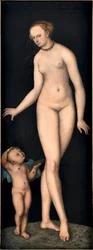 Vênus com Cupido o Ladrão de Mel, de Cranach, Lucas, o Ancião (1472-1553). Óleo sobre madeira, depois de 1537. Dimensão: 175,4x66,3 cm. Germanisches Nationalmuseum, Nuremberga