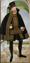 Retrato do Príncipe Augusto I da Saxônia chamado de Pio (1526-1586)" Pintura de Lucas Cranach o Jovem (1515-1586) 1565 Sol. 215x104 cm Museu Kunsthistorisches de Viena