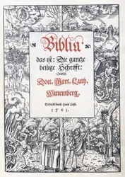 Página de título, com uma bela borda pictórica de "Biblia, isto é: Toda a sagrada escritura: Deudsch", traduzida por Martinho Lutero, 1560-1561