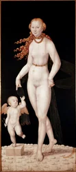 Vénus e Cupido. Pintura de Lucas Cranach, o Jovem (1515-1586), cerca de 1540. Dimensões: 196 x 89 cm. Munique, Alte Pinakothek