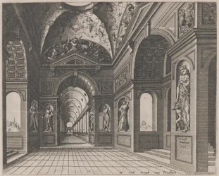 Interior de um salão abobadado decorado com grotescos