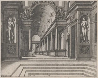 Vista em uma igreja com colunas coríntias e estátuas de Apolo, Melpomene e Moisés