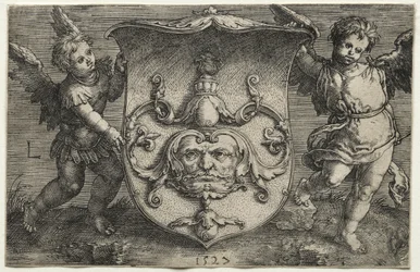 Um escudo com uma máscara apoiada por dois gênios