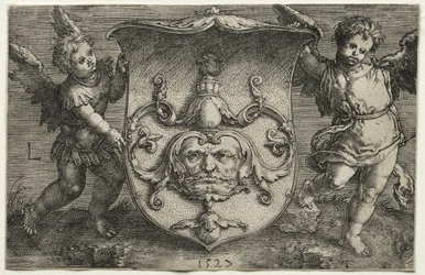 Um escudo com uma máscara apoiada por dois gênios, 1527.