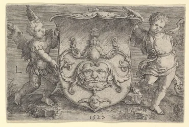 Brasão de armas com uma máscara, realizada por dois gênios, 1527.