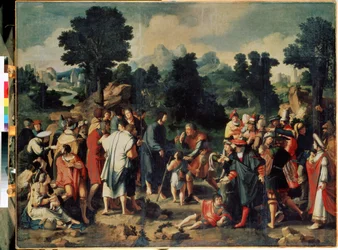 A Cura do Cego de Jericó (painel central). A Cura do Cego de Jericó. Milagre de Jesus Cristo que cura Bartimeu de Jericó e restaura sua visão. Pintura de Lucas Van Leyden (1489/94-1533)