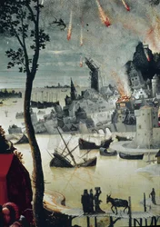 Lote e suas Filhas, detalhe da destruição de Sodoma (óleo sobre painel, cerca de 1517)