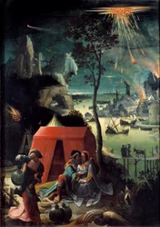 Loth e suas filhas Loth envolve suas duas filhas, refúgio na montanha para escapar da destruição de Sodoma. Raparigas nuas embebedam o pai delas. Pintura de Lucas van Leyden dit Lucas de Leiden (Leide) (Lucas Hugensz ou Lucas Jacobsz) (1494-1533) 16