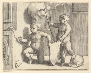 Duas crianças nuas apoiando um escudo em branco, ca. 1510