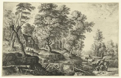 Paisagem com homens empurrando uma carruagem