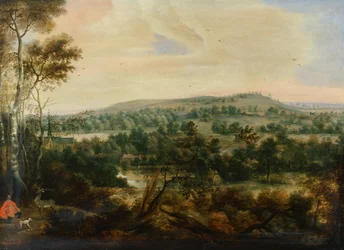 Paisagem arborizada com Saint Hubert (óleo no painel)