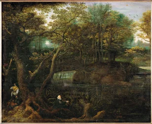 Pescador na lagoa do bosque (pintura sobre madeira de carvalho)
