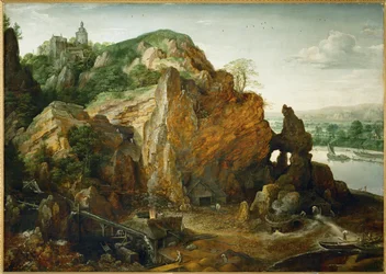 Paisagem no rio Maas com mina de minério de ferro e forno de fundição, talvez o castelo de Beaufort