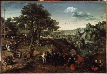 Paisagem com festa campestre (Paisagem com festa campestre). Pintura de Lucas van Valckenborch (1530-1597). Óleo sobre tela, 48,5 x 73,4 cm, final de 1580 início de 1590. Arte holandesa, arte barroca. Museu Hermitage, São Petersburgo.