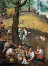 Paisagem de verão: ceifeiras a descansar e a comer
