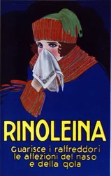 Publicidade ao medicamento Rinoleina contra constipações, dores de garganta e tosse. Ilustração de Lucien Achille Mauzan (1883 - 1952).