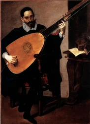 Retrato do Músico da Capela Ducal Gerolamo Gallo Pintura de Luciano Borzone (1590-1645) Genes, Galleria di Palazzo Bianco