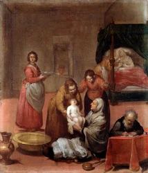 O Nascimento de João Batista Pintura de Luciano Borzone (1590-1645) Musei di Strada Nuova (ex Palazzo Bianco) Genes do século XVII