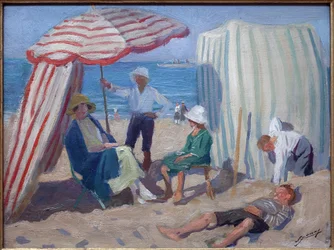 Na praia. Pintura de Lucien Jonas (1880-1947), óleo sobre madeira 1920, arte francesa, século XX. Musee la piscine, Roubaix.