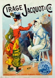 Publicidade para o verniz Jacquot. Dois palhaços fazendo as pazes com polonês. Desenho de Lucien Lefevre (1850-?). 1894 Paris. Arts Decoratifs - Propaganda para cera Jacquot: Dois palhaços se maquiando com graxa de sapato, de Lucien Lefevre