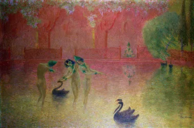 Ninfas a banharem-se numa paisagem oriental (óleo sobre tábua)