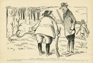 Ilustração em Le Rire, 05/12/08 - Caça em Rambouillet - Vegetação Natural, Caça caçador, Presidente da República, Rambouillet - Clemenceau Georges, Fallieres Armand (1841-1931), Stag