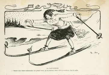 Ilustração em Le Rire, 24/02/12 - La pax-tineuse - Alemanha Prússia, esporte, paz, esqui, neve, relações franco-alemãs, Primeira Guerra Mundial - Marianne - esporte, alegoria (gravura)
