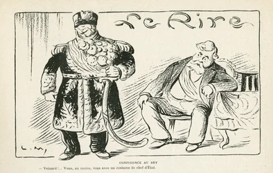 Ilustração em Le Rire, 27/07/12 - Confiança na bey - Colonização - Fallieres Armand (1813-1941), Naceur Bey (Mohamed el-Naceur Bey) (1855-1922) (gravura)