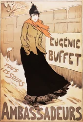 Cartaz Vintage da cantora francesa Eugenie Buffet andando na neve
