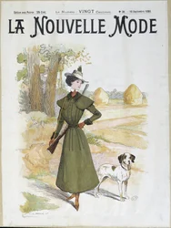 Mulher em trajes de caça usando uma espingarda - em "La Nouvelle Mode" a partir de Setembro de 1898