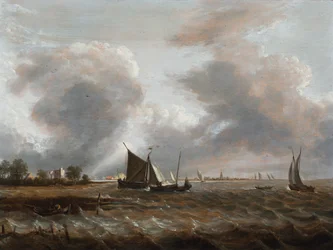 Navegação num estuário agitado (óleo sobre painel)