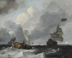 Uma tempestade ao largo da costa com homens de guerra e barcos de pesca
