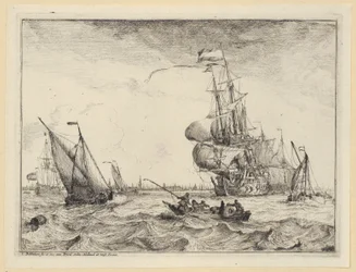 Uma barca e vários navios à vela num mar tempestuoso ao largo de Amesterdão, prancha 4 da série «Marinhas com vistas do IJ, Amesterdão, Roterdão e Katwijk» (Hollstein n.º 1-10)