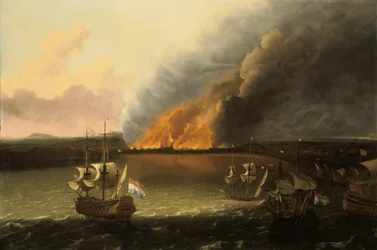 Paisagem marítima com um incêndio à distância, 1667