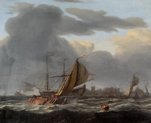 Um navio de guerra em Anchor num Mar Áspero (óleo sobre tela)