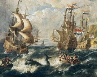 «A pesca da baleia», pormenor. Pintura de Ludolf Backhuyzen (1631-1708). Nancy, Musée des Beaux-Arts.