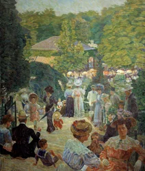 O Parc Montsouris do quiosque tem música em 1900. Pintura por Ludovic Vallee (1864 - 1939)