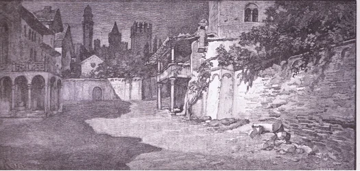 Um lugar aberto ao lado do jardim dos Capuletos, ilustração de Romeu e Julieta,