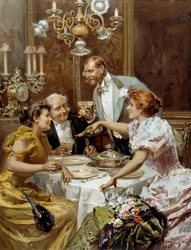 Bela hora: "a bela ceia" Dois casais num salão privado bebem champanhe. Ilustração de Ludovico Marchetti (1853-1909) 1893 Coleção particular