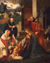 Natividade com São Bernardo e São Alberico, ca 1505-1510, de Ludovico Mazzolino (ca 1480-ca 1530), óleo sobre tela, 219x176 cm