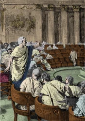Ciceron denuncia o conspirador Catilina (Lucius Sergius Catilina) (108-62 a.C.) em 7 de novembro de 63 a.C., durante o discurso do primeiro catilinar. A cena passa-se em Roma, no Senado, ilustração de Pogliaghi