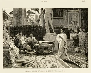 Mecenas ouvindo Virgílio lendo Eneida, ilustração de Lodovico Pogliaghi (1857-1950) para História inicial de Roma, de Francesco Bertolini (1836-1909), edição Fratelli Treves, Milão