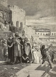 Casamento de Ugo e Marozia, procissão de casamento na presença do Papa, gravura de E Mancastroppa de pintura de Lodovico Pogliaghi (1857-1950), de L