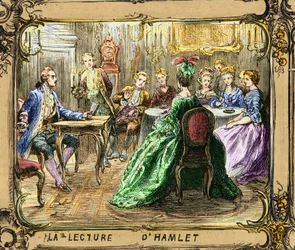 La palestra de Hamlet (Shakespeare) - Leitura de Hamlet - Johann Wolfgang von Goethe em Estrasburgo 1770 - gravura após Ludwig Pietsch (1824-1911)