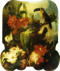 Pássaros e flores exóticas