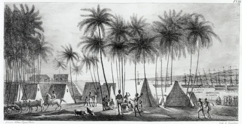 Porto de Hanarourou nas Ilhas Sandwich, de "Viagem pitoresca ao redor do mundo", gravado por G. Langlume (fl.1822-40) 1822