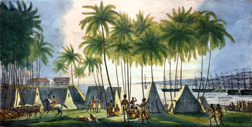 Porto de Hanarourou nas Ilhas Sandwich, de "Viagem pitoresca ao redor do mundo", gravado por G. Langlume (fl.1822-40) 1822