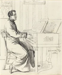 Grimm, Ludwig Emil Alemão, 1790 - 1863 O Cunhado do Artista, Ludwig Hassenpflug, Preparando-se para Tocar o Piano, 1826 (caneta e tinta preta sobre grafite em papel de capa)